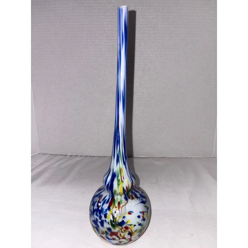 Murano Art Glass Bud Vase Long Neck Confetti Splatter Blue‎ White Italian Glass
